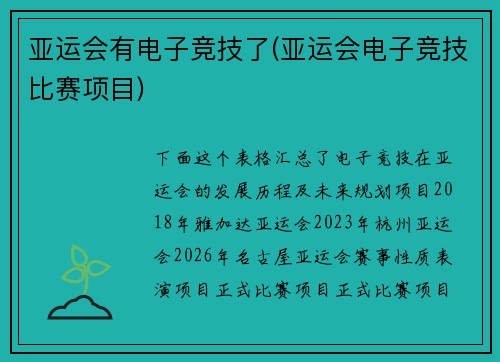 亚运会有电子竞技了(亚运会电子竞技比赛项目)