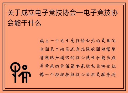 关于成立电子竞技协会—电子竞技协会能干什么